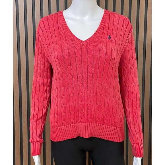 Polo Ralph Lauren Sweaters - Polo Ralph Lauren Women's L Red Sweater Cotton Cable Knit Pony Classic Preppy